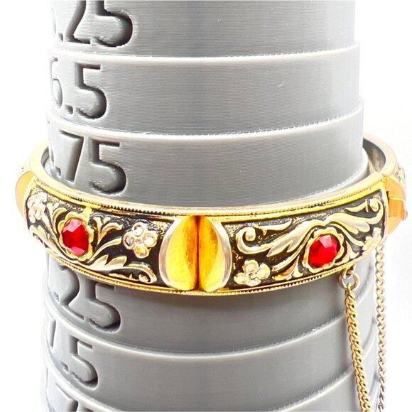 Vintage Spanish Damascene Bracelet Hinged Bangle Rhinestones Enamel Safety Chain - Picture 5 of 10